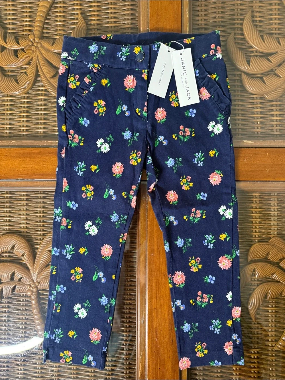 Janie and Jack Navy Floral Pants with Pink, White and Yellow Blooms